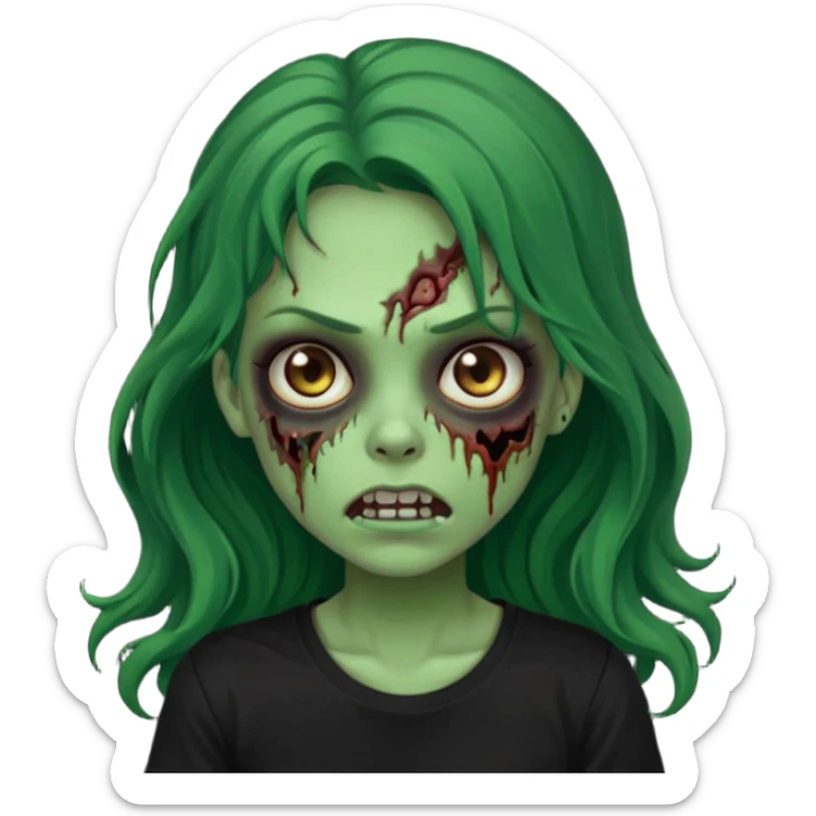 crie um emoji de uma garota zoombie pele verde e cabelo castanho e longo , assustadora e fofa com cabelo ondulado 2b e camiseta básica preta sticker