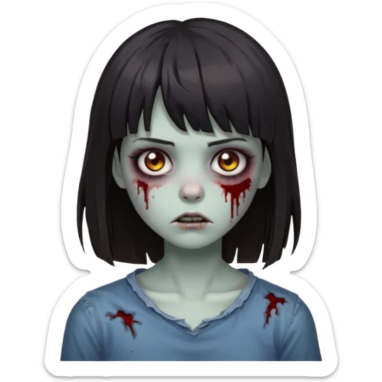 zombie 🧟‍♀️+👩🏻= girl dark hair long her shoulders bangs and ragged haircut gray eyes sticker