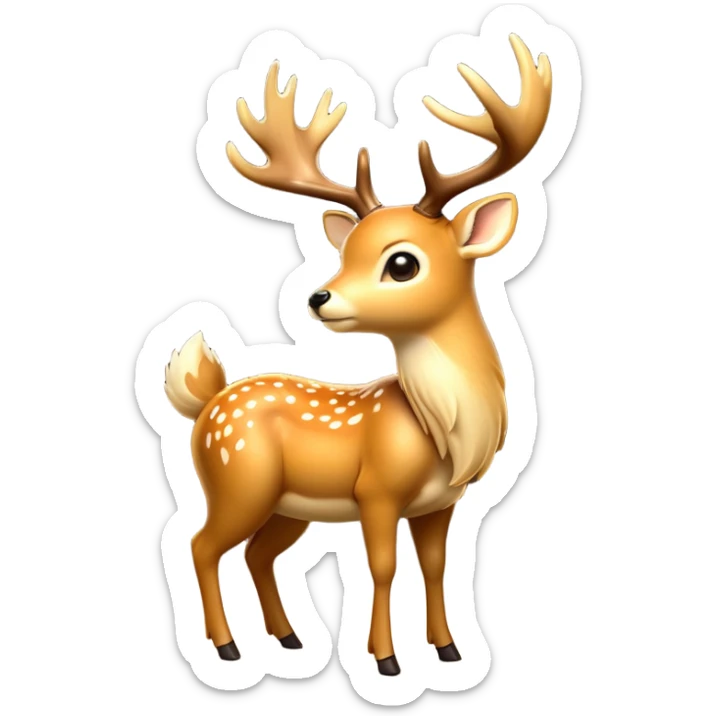 cinematic-[deer]-realistic-full-body-standing on all fours-emoji,-tail-tucked-close,-head-tilted-dramatically,-sleek-[fawn]-fur,-simplified-yet-realistic-focused-features,-highly-detailed,-glowing-with-an-almost-sarcastic-glow big antlers sticker