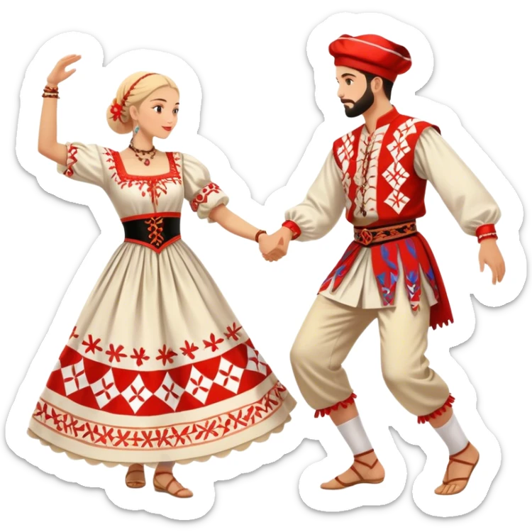 Cinematic Realistic scene of two performers engaging in the Croatian Linđo folk dance, adorned in vibrant traditional costumes with intricate patterns and accessories, captured in graceful, synchronized motion under festive natural lighting. sticker