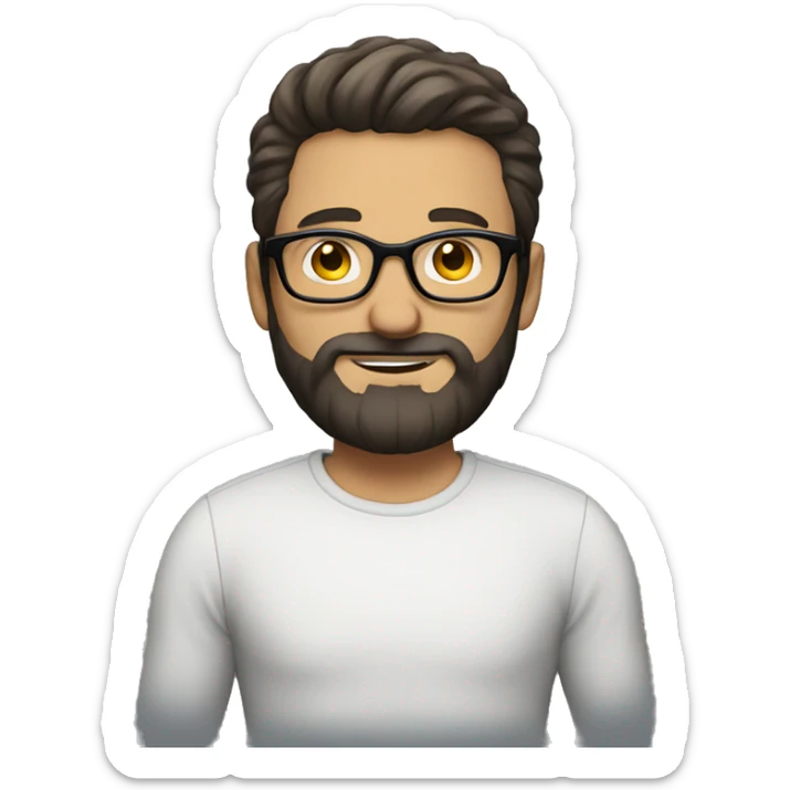 White man with beard and dark hair and wearing glasses holding a cup sticker