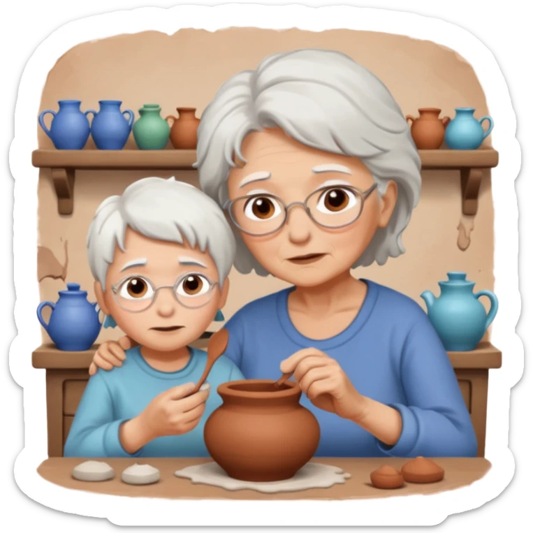 grandma with white hair and kid with brown hair doing potery sticker
