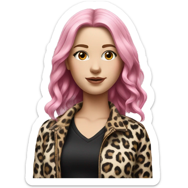 Hyperrealistic WHITE GIRL WITH BLACK AND PINK HAIR AND A JACKET OF LEOPARD AND BLACK SHIRT  sticker