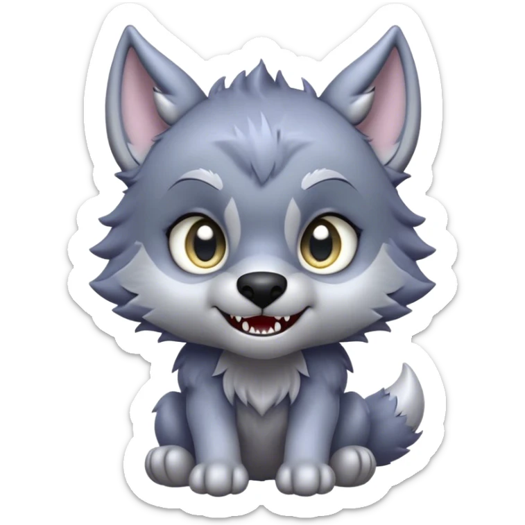 Cinematic Cute Werewolf Portrait Emoji, with a cuddly, miniature lupine form in soft moonlit grays and silvers, featuring oversized sparkling eyes and a sweet, endearing snarl, simplified yet irresistibly adorable, highly detailed with a gentle glowing outline that captures the playful, heartwarming essence of a little werewolf! sticker
