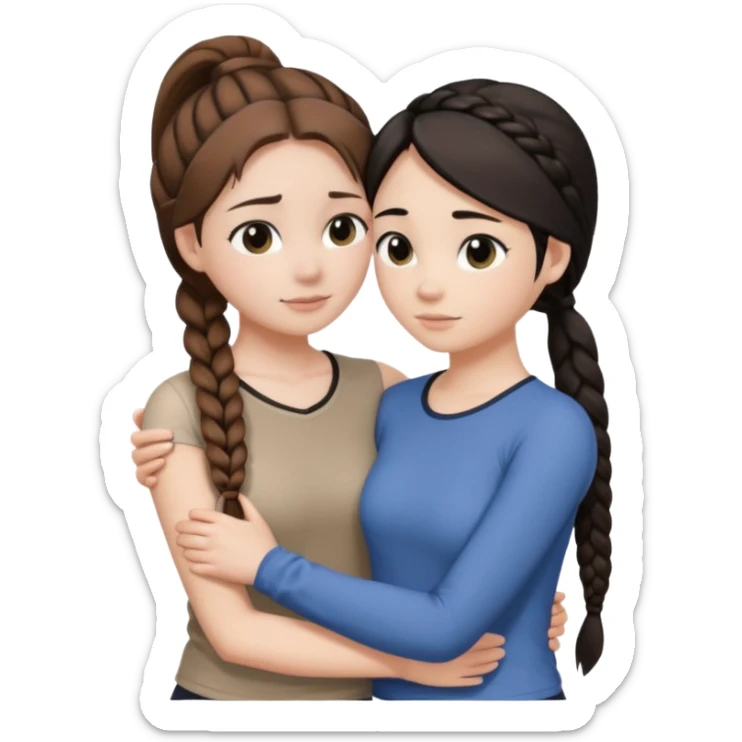 Comforting Hug two white skin women, one shorter woman with brown hair in simple top ponytail, not braided, and one taller woman with black hair in long side braid sticker