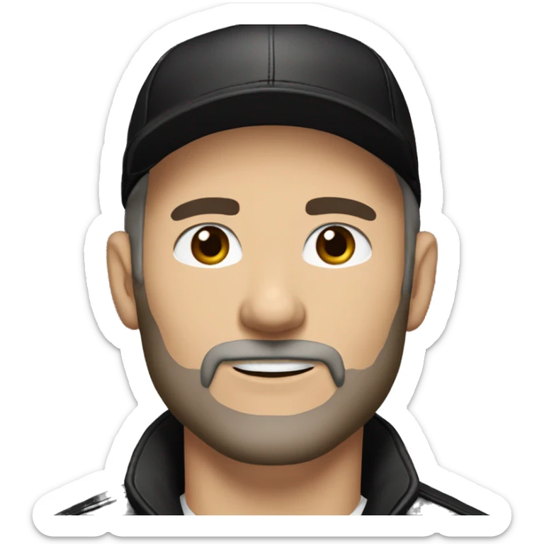 An adult white skin portrait of male with stubble and a slightly gray beard, brown hair, black eyes, wearing a black Reebok cap with a round emblem on his head, and a black leather jacket. sticker