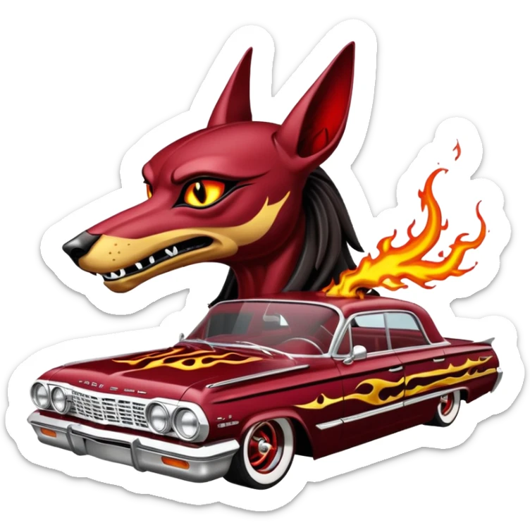 Satans Hot rod custom 1964 impala low rider four door Anubis theme painted hood flaming side-pipes driving straight to hell  sticker