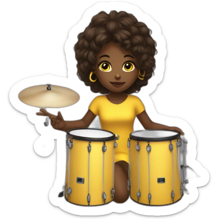 cute girl in yellow dress dark skin with yellow eyes and dark curvy hairs plays on drums sticker
