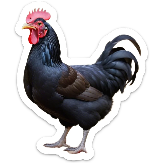 Cinematic Cute Yawning Black Chicken Portrait Emoji, Head tilted slightly with a dramatic, wide-open yawn, showcasing a soft, glossy black plumage with subtle hints of iridescence and a distinctive red comb, floppy wings slightly drooping, round beady eyes barely open in drowsy contentment, Simplified yet irresistibly adorable features, highly detailed, glowing with a soft, cozy glow, high shine, relaxed yet expressive, stylized with a touch of whimsy, bright and endearing, soft glowing outline, capturing the essence of a sleepy yet affectionate chicken, so drowsy it feels like it could stretch out of the screen and curl up for a nap! sticker