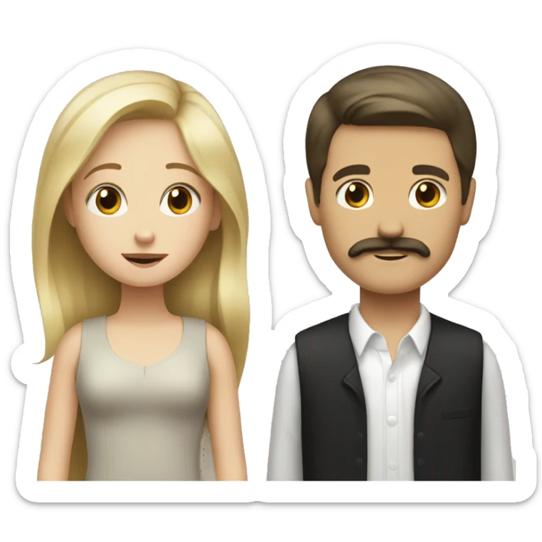 blonde girl with white boy with dark hair and a mustache sticker