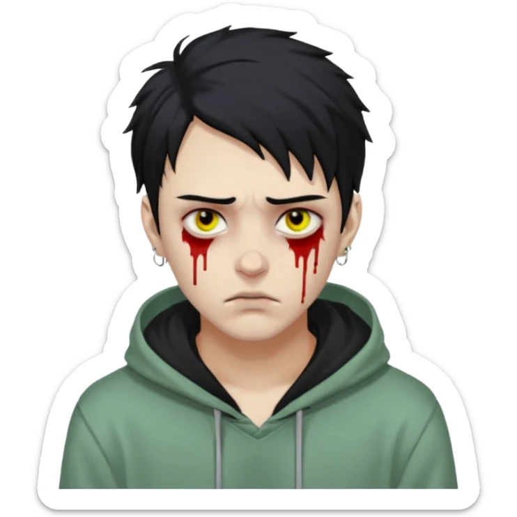 WhatsApp-style zombie emoji, young man, pale green skin, yellowish eyes with dark circles, messy black hair, blood tears, silver eyebrow piercing, nose ring, hoodie, realistic facial features, defined jawline, straight eyebrows, serious expression sticker