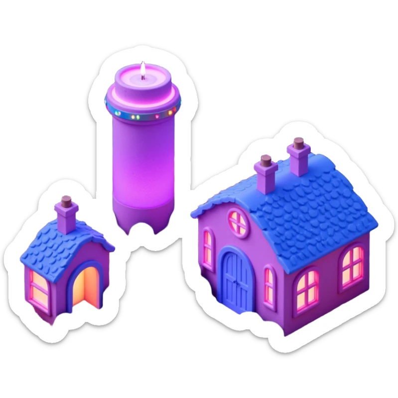 Exterior view of a whimsical jungle farm with cookie-factory-style buildings glowing in purple and blue neon lights, surrounded by lush vegetation, wheat fields and glowing vegetables, surreal atmosphere, no robots, emoji-style sticker