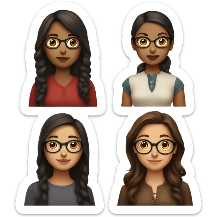 4 girls, 1 indian with glasses, 3 portuguese, all brunettes, brown eyes sticker