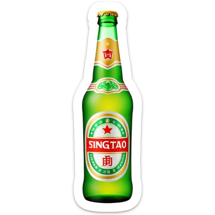 Tsingtao beer bottle, green bottle with iconic label, Chinese beer brand, foam, emoji style sticker