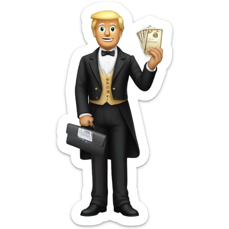 trump waiter Victorian dress elegant full body, holding big credit card sticker