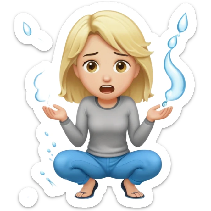 round-faced blond woman kneeling, shocked, playful cartoon stick with D-shaped knob and exaggerated features coming from trousers in front of her face, water jet into her mouth sticker