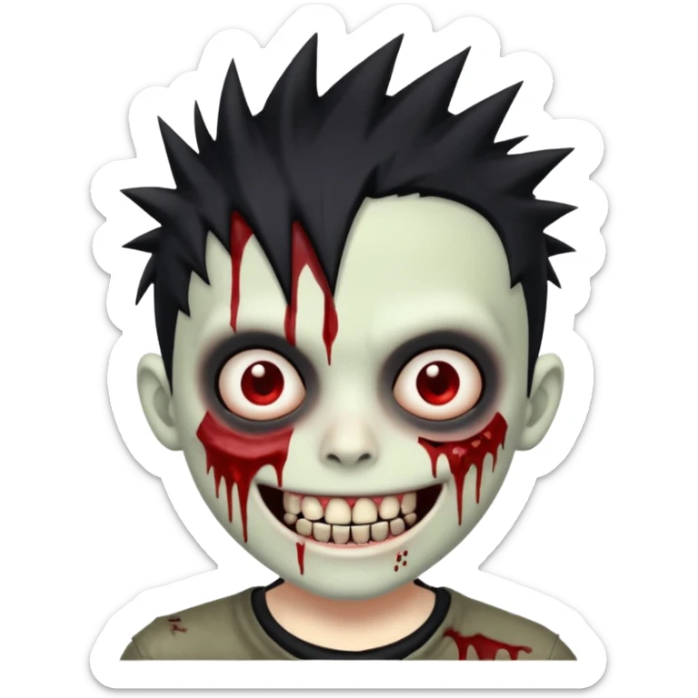 zombie boy with emo spiky hair, white skin, and white eyes; an open smile, and bloodied teeth; sticker