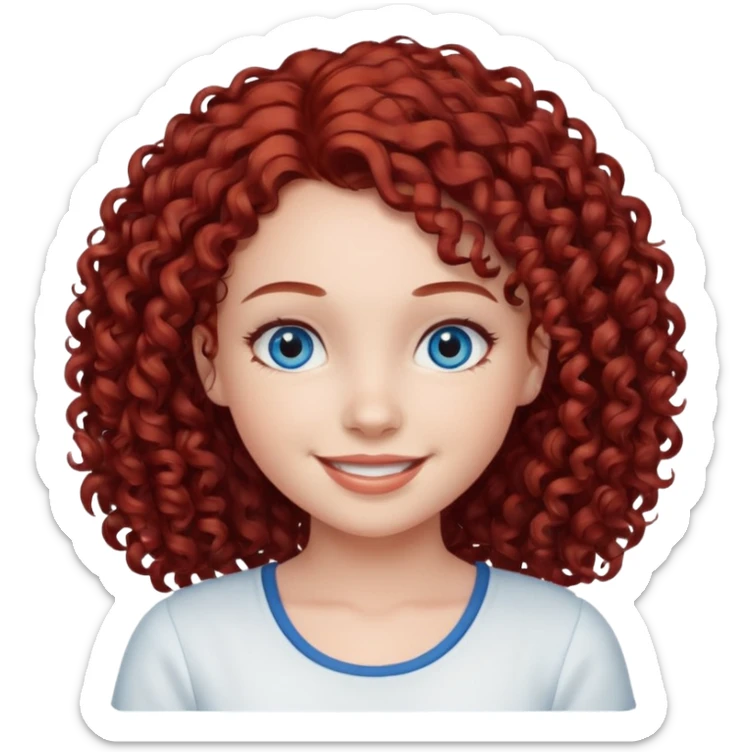 generate a young girl with dark red curly hair, blue eyes. in white top  sticker