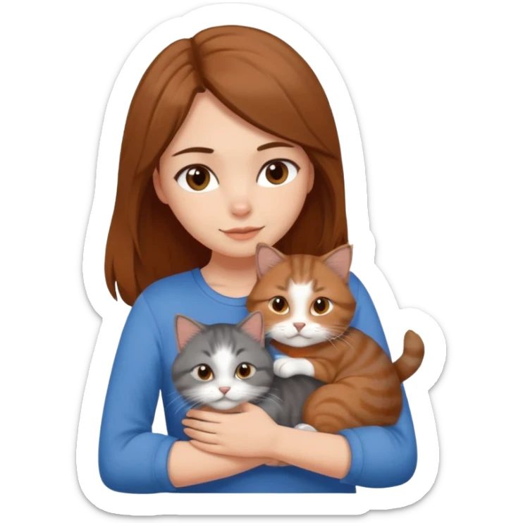 a white girl with brown and hair and a blue top hugging a siberian cat color brown, orange, gray, mixed colors sticker