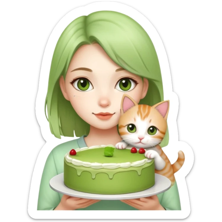 Beautiful girl holding a big matcha cake and a kitten in her hands sticker