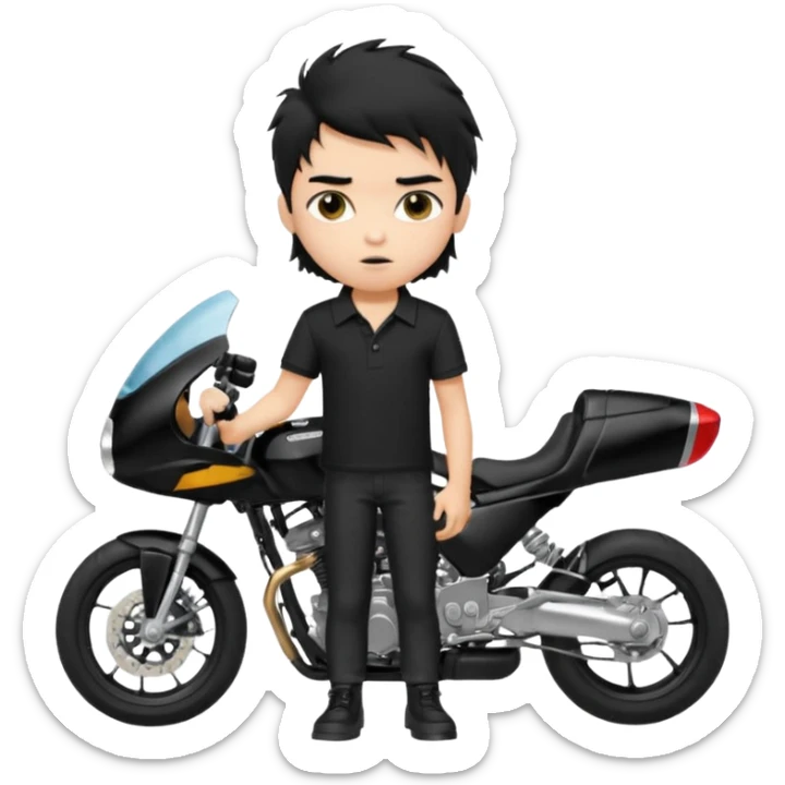 generate a pretty fair bratz boy with a messy mullet (black hair), wearing a BLACK polo.  standing witha superbike sticker