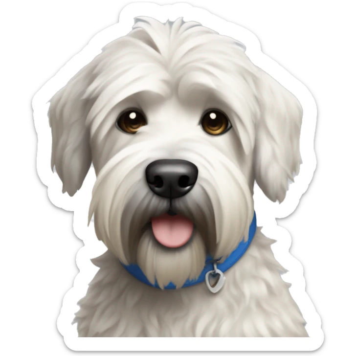 pretty woman blonde hair blue eyes hugging a white and gray soft coated wheaten terrier dog sticker