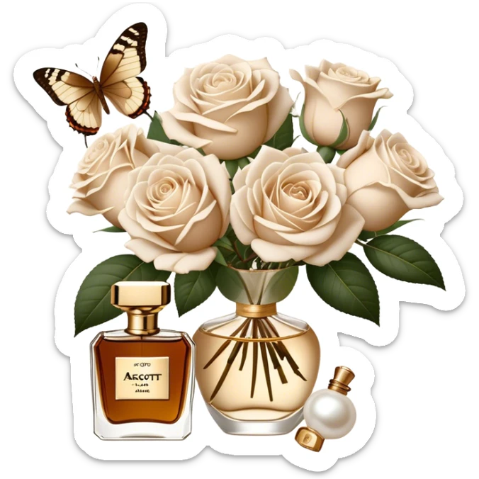 A bouquet of white Ascott tea roses next to a beige aesthetic and a brown beautiful butterfly and a gold silk ribbon and a beautiful flacon of aesthetically pleasing vintage-style perfume in pearl color sticker