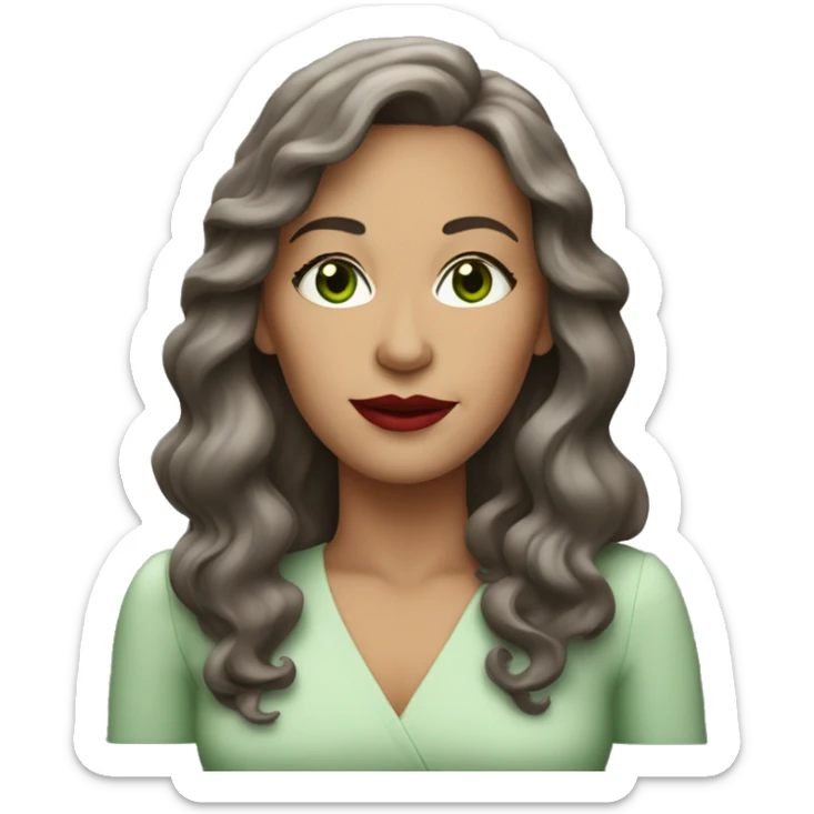 50 year old woman with long wavy brown hair and green eyes and red lipstick sticker