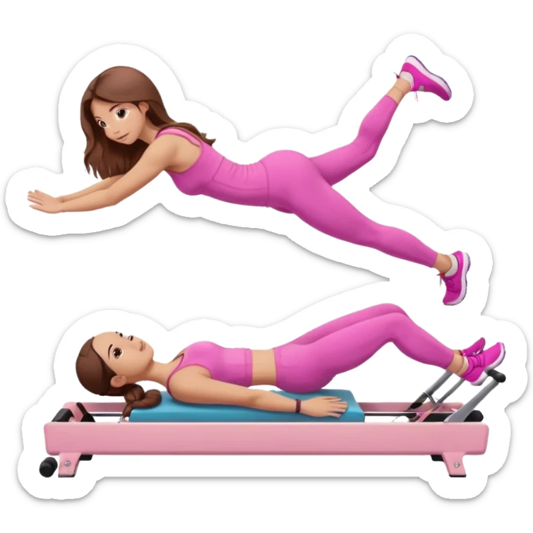 one girl doing a plank on a pilates reformer in a pink workout set with long brown hair sticker
