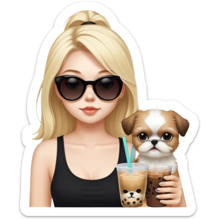 Blonde girl with pale skin and long hair with black cat eye sunglasses in black tank top holding boba tea and holding tan Shih Tzu  sticker