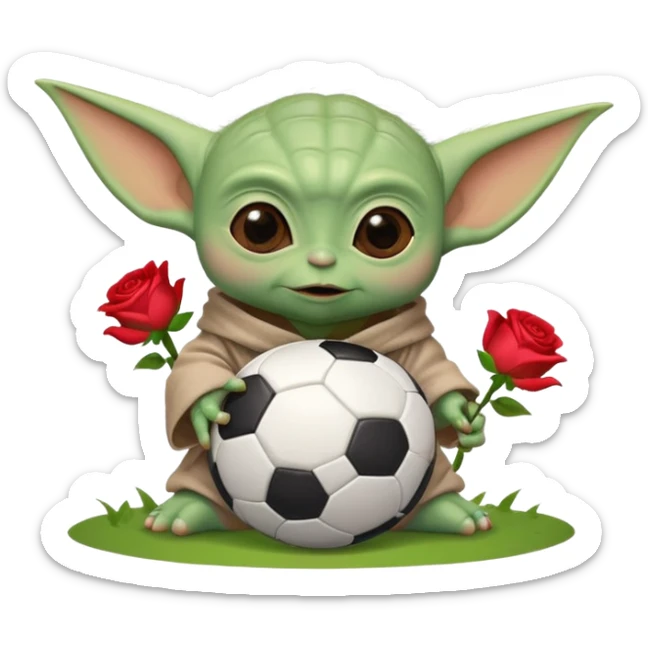 baby Yoda kicking a soccer ball with small roses beside him sticker