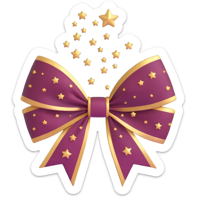 sparkly burgundy bow with gold outline, a heart in the center, and small stars sticker