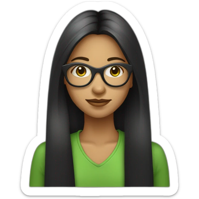 une fille avec de long cheveux noir lisse , et avec des lunette (en forme de carrer un peu déformé) assez grosse comparer a ça tête ,et elle a des yeux vert sticker