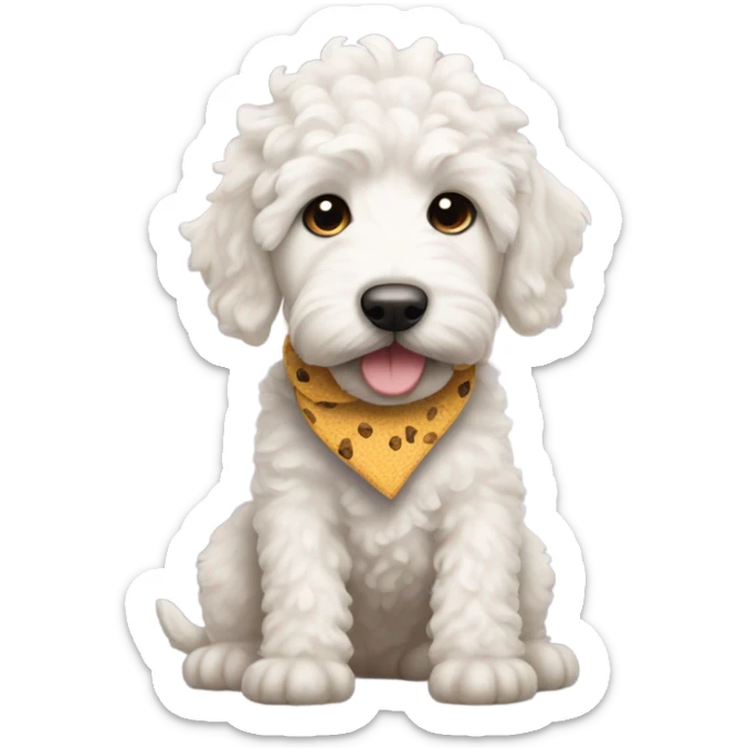 White labradoodle puppy with “cone collar” around neck and sock knots right front paw sticker