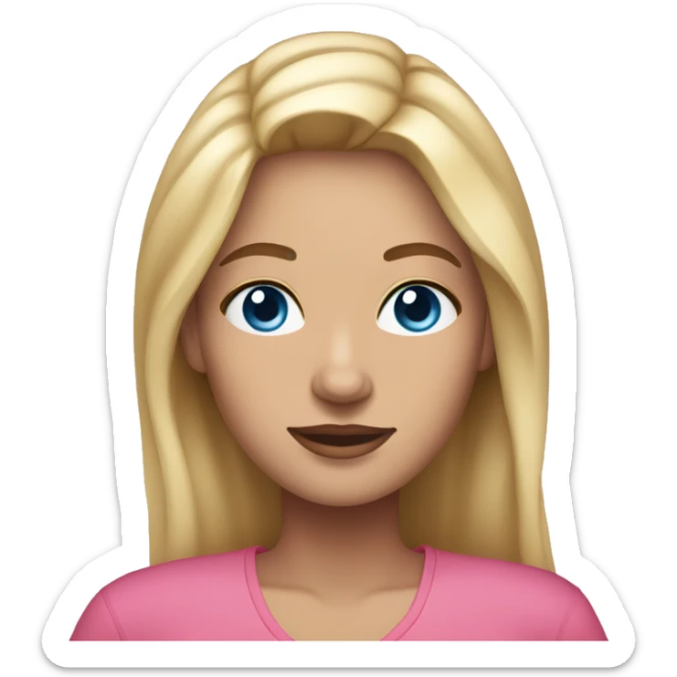 a woman with freckles and blue eyes, blonde hair and dark roots. pink clothes sticker