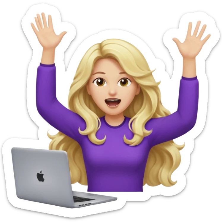 lady with long blonde wavy hair, purple top throwing her with a laptop hands in the air screaming sticker