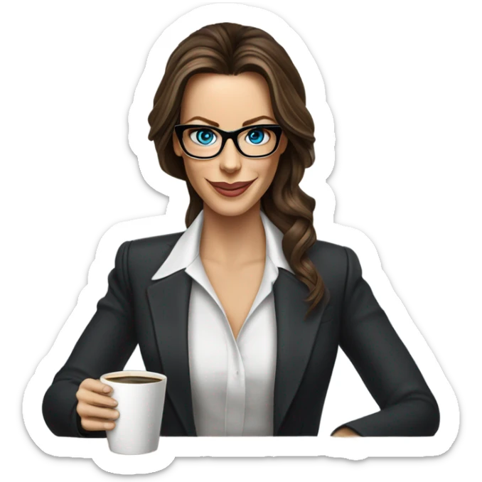 Hyper Realistic Kate Beckinsale blue eyes wearing glasses in a business dress drinking coffee happy  sticker