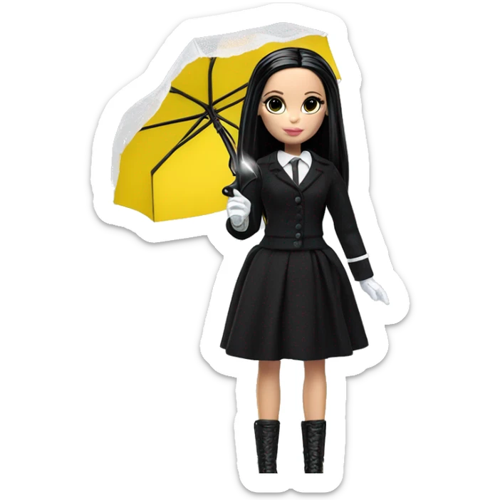 Stunning in the Spotlight Barbie, teen Wednesday Addams,showing off, show full body,accessories  gloves funeral veil, umbrella  sticker