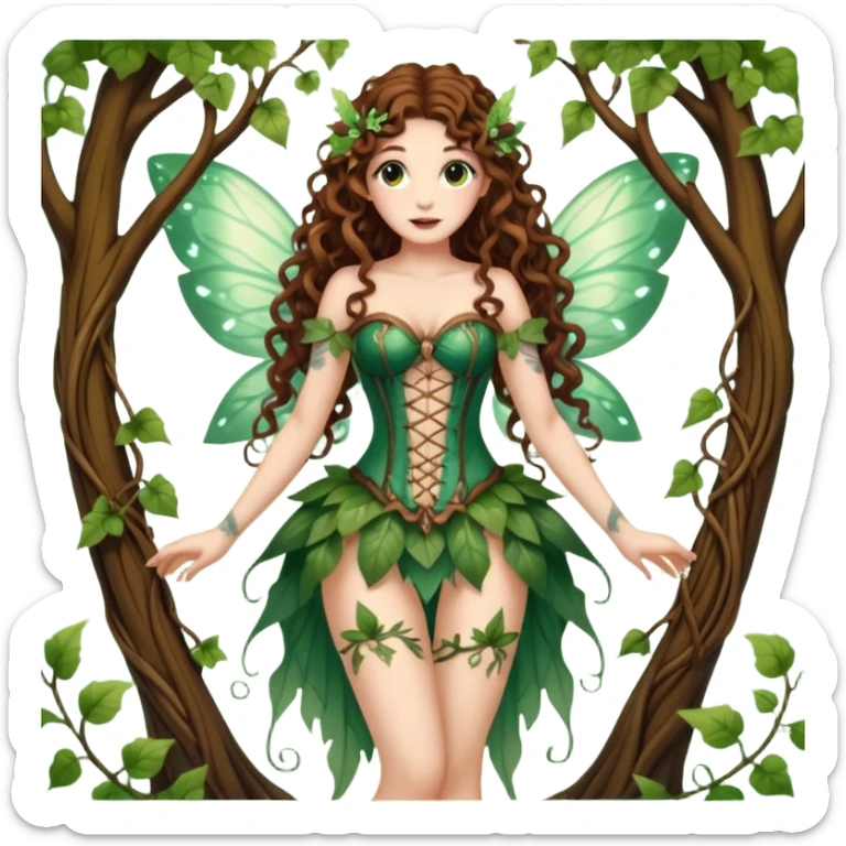 full body woman long curly brown hair brown eyes white skin tattoos dressed as glowing forest fairy with translucent wings and vine corset sticker