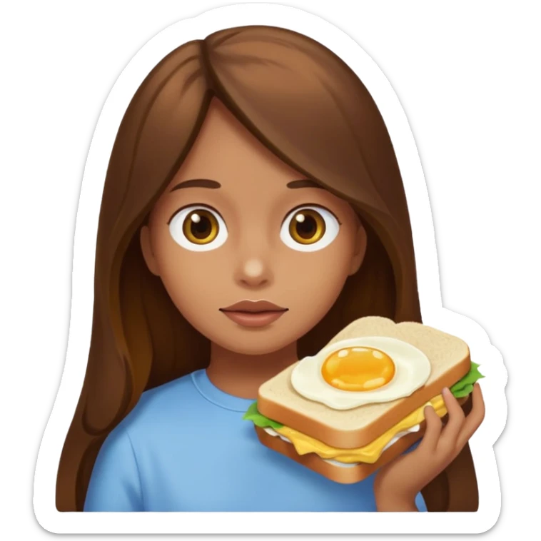 Girl with brown long hair stuffed her face with egg sandwich all over her face sticker