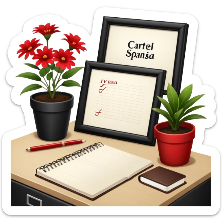 Cartel en español que diga F U E R A    D E    O F I C I N A y detrás un escritorio moderno, con una notebook, una agenda y una planta con una flor sticker