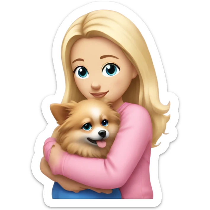 A blonde girl with blue eyes, wearing pink, hugging her pomeranian  sticker