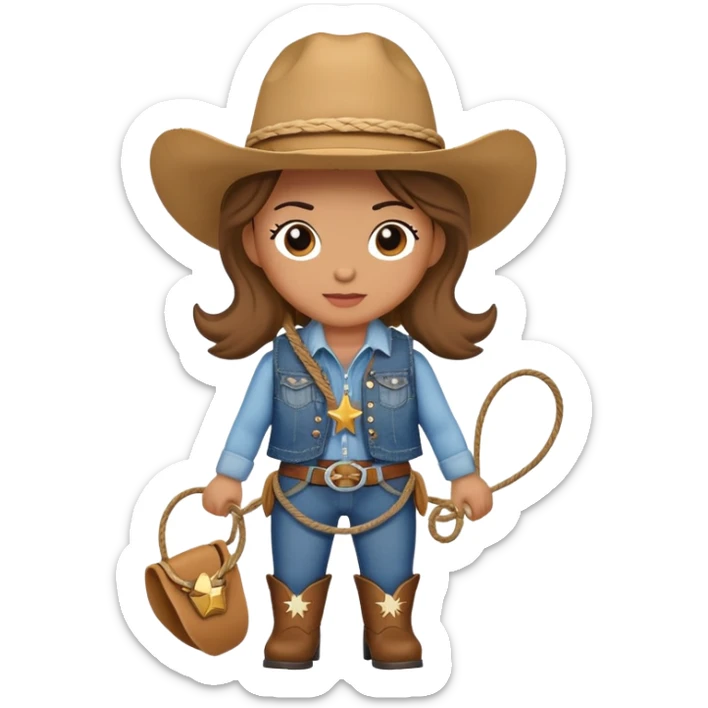 A cuddly cowgirl plush toy with denim vest, cowboy boots and a lasso sticker