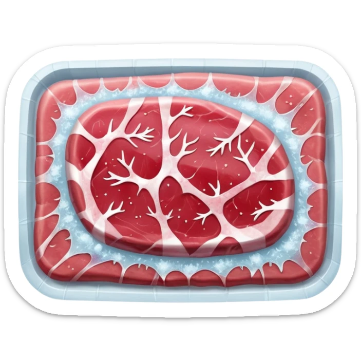 single raw meat cut steak or filet wrapped in thin layer of frosty plastic film with visible ice crystals slightly opaque surface pink to red meat with subtle marbling stiff edges frozen solid no tray no label no extras soft lighting subtle shadows emoji scale sticker