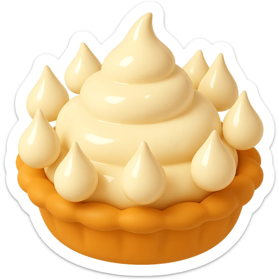 Frame 9 of 15: Cream pie with eight cream droplets, playful 3D emoji style, golden brown crust, same angle as reference sticker