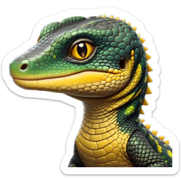 cinematic-realistic-cute-monitor-lizard-portrait-emoji,-head-tilted-playfully-and-inquisitively,-featuring-a-compact,-agile-body-with-finely-detailed,-glossy-scales-in-earthy-black and yellow-hues-and-a-distinct,-alert-face-with-bright,-curious-eyes, black , yellow spotted and green band  scales and a slender neck sticker