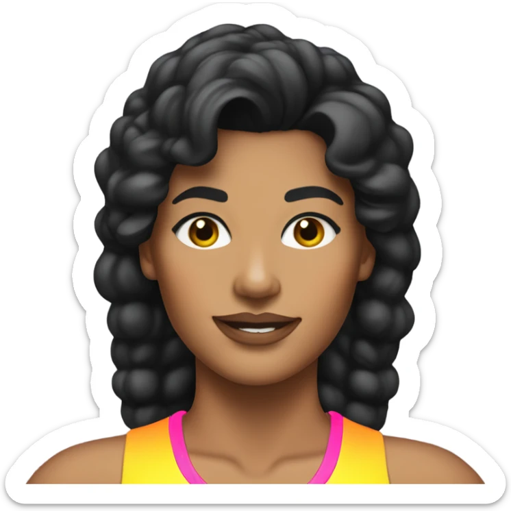 Tanned woman with black hair dressed in 1980s fitness hair, makeup, and neon attire  sticker