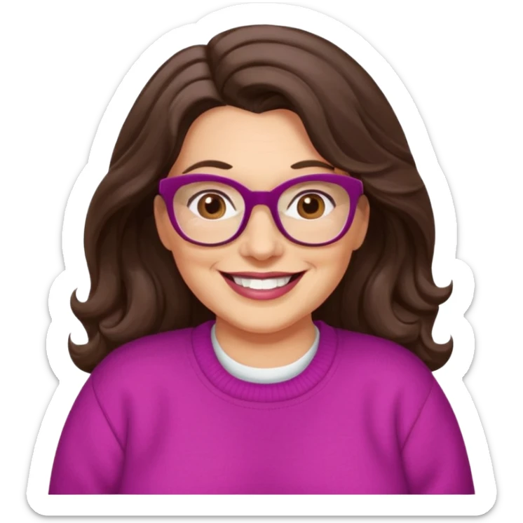 50 yr Caucasian woman, long dark brown hair parted on side, brown eyes, brown glasses, big smile, white teeth, fuscia sweater, chubby, wavy hair sticker