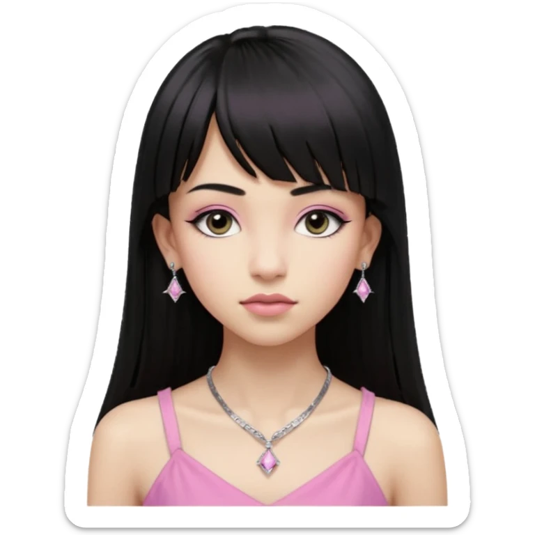 Cabelos pretos longos lisos ,com franja curvada .olhos pretos puxadinho para cima. Cílios longos curvados. Pele clara ,nariz pequeno ,lábios carnudos ,adolescente 16 anos ,vestido rosa de alça, colar pequeno prata ,brinco de diamante pequeno  sticker