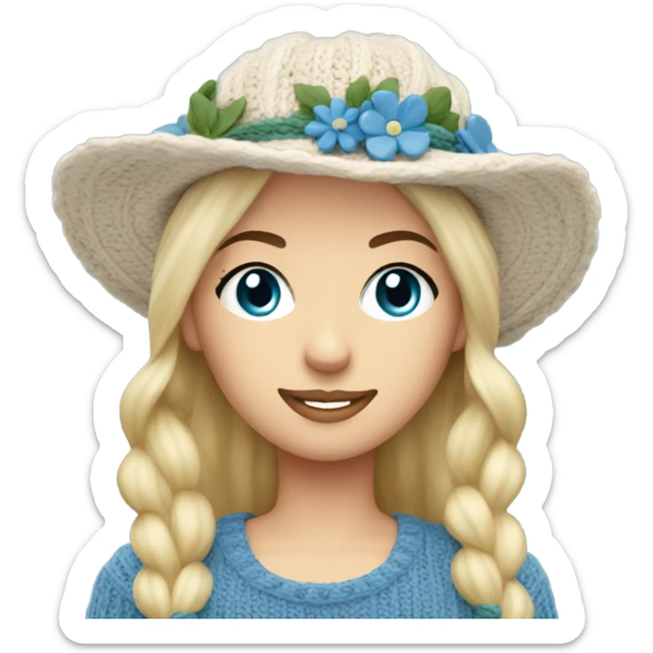 beautiful finnish blonde woman with blue eyes knitting floral hat sticker